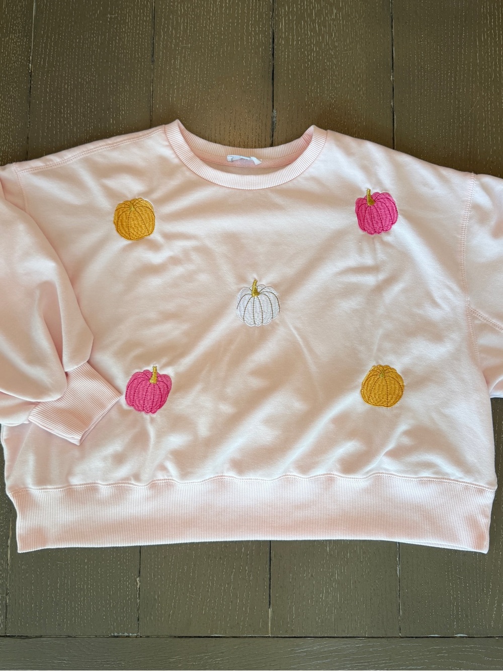 Mary Square Women’s Fleece Pink Embroidered Pumpkin Cropped Sweatshirt • Size S